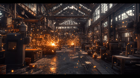 A wide shot of an industrial workshop filled with sparks from multiple welding stationsの素材