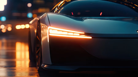 Close-up of an LED car headlight as it powers on, emitting a crisp, white light in a futuristic designの素材