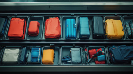 Luggage and personal items arranged neatly in trays on the conveyor belt of an X-ray machine at the airport.の素材