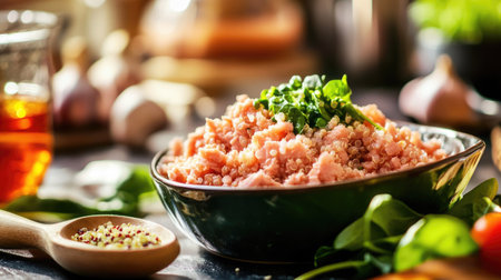 Ground turkey being scooped into portions on a counter, surrounded by health-conscious ingredients like quinoa and spinach.の素材