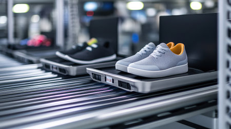 Close-up of an airport x-ray conveyor belt carrying trays with laptops, shoes, and personal itemsの素材
