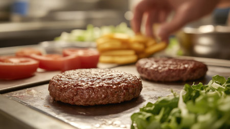 Thick burger patties being formed by hand on a kitchen counter, surrounded by toppings like lettuce, tomato, and cheese.の素材