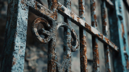 A zoomed-in shot of a rust-covered gate wheel, with the texture of the aged iron gate visible in the backgroundの素材