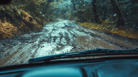 Wipers sweeping a muddy windshield clean after driving through a rugged trail on a rainy day.の素材