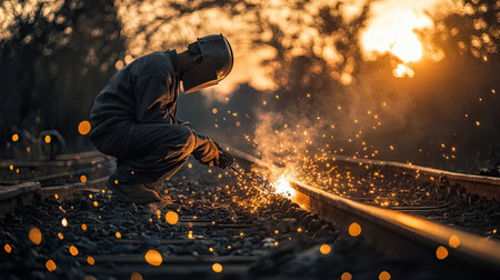 A worker using a welding torch on a railroad track, with sparks glowing vividly in the outdoor settingの素材