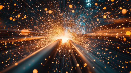 A wide shot of an industrial workshop filled with sparks from multiple welding stationsの素材