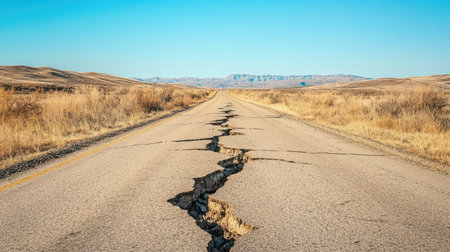 A wide shot of a rural road with a deep crack in the center, surrounded by dry vegetation and clear skiesの素材