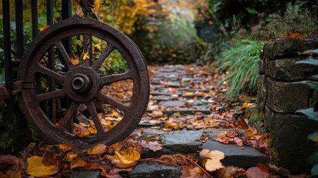 A worn iron gate wheel, surrounded by fallen leaves, on an uneven stone path in an outdoor settingの素材