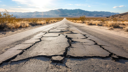 A worn and cracked asphalt road surrounded by dry desert terrain under a blazing sunの素材