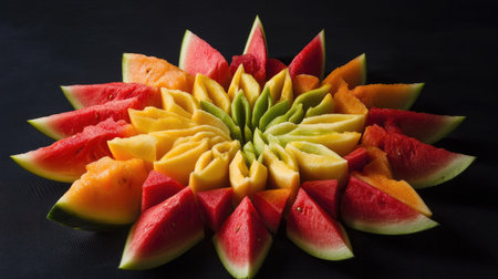 Multiple watermelon wedges arranged in a star pattern, showcasing their bright colors and juicy appearanceの素材