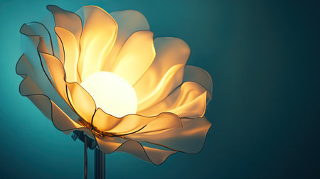 High-tech flash lamp with a softbox diffuser glowing softly in a photo studio.の素材