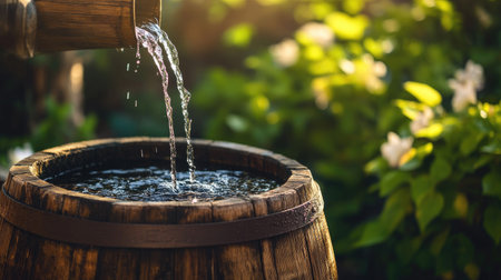 Rustic wooden barrel fountain with water streaming through a small spout into a bucket.の素材