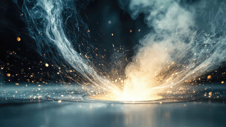 Sparks flying in a dramatic arc during a welding process, with glowing metal and a blurred backgroundの素材