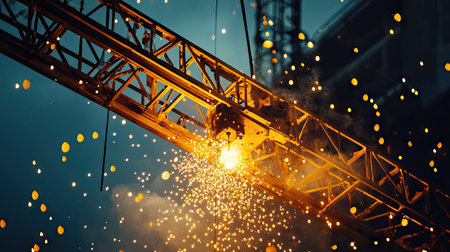 Sparks flying during a welding repair on a construction crane, with the metal frame lit up by the glowの素材