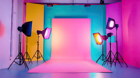 Studio setup showcasing flash lamps with diffusers and a vibrant background.の素材