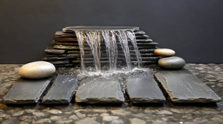 Miniature fountain with water flowing over slate tiles, surrounded by smooth river stones.の素材