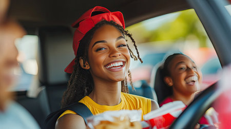 A woman laughing with friends in a car as she collects a large order from a drive-thru worker.の素材