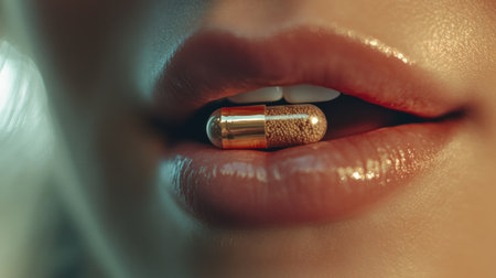 Close-up of a capsule in focus near a woman's mouth, with soft blur of the background showing a healthy lifestyle setupの素材