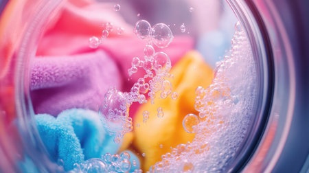 A vibrant shot of detergent bubbles mixing with clothes inside a spinning washing machine.の素材