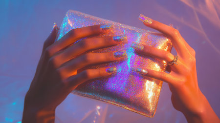 Hands with holographic glitter nails, holding a shimmering clutch bag under soft lighting.の素材