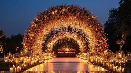 A grand wedding stage with a floral dome structure, surrounded by candlelit pathways and mirrored panelsの素材