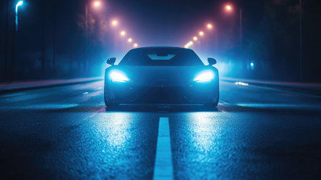 A high-tech sports car's headlights glowing as it accelerates down an empty, neon-lit road at nightの素材