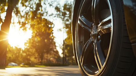 A digital tire pressure gauge showing the reading as air is being added to a car tire on a sunny dayの素材