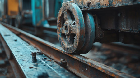 A close shot of a gate wheel on a steel track, highlighting its precision and sturdy constructionの素材