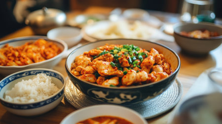 A cozy home-style dinner setup featuring a bowl of Korean spicy chicken with family-style serving dishesの素材