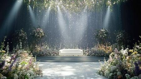 A grand hall featuring a wedding stage with a sparkling backdrop, floral cascades, and a plush white sofa for the coupleの素材