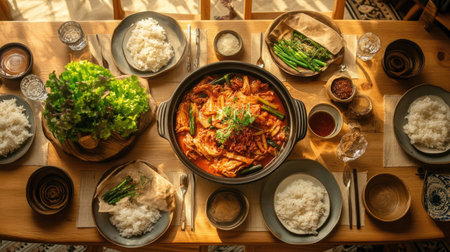 A cozy Korean home dinner setup with soju, kimchi stew, rice, and fresh vegetables arranged on a low tableの素材