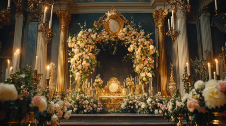A luxurious wedding interior with a stage framed by towering floral installations and golden candleholdersの素材