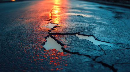 A cracked road surface with reflective paint marks distorted by the damage, under soft evening lightの素材