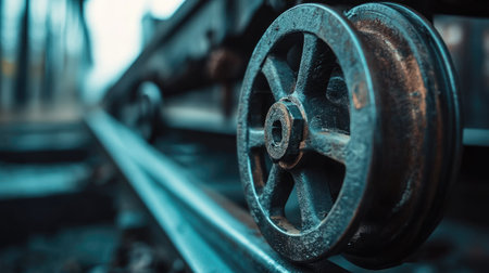 A minimalist shot of an iron gate wheel with precise details, resting on a perfectly aligned trackの素材