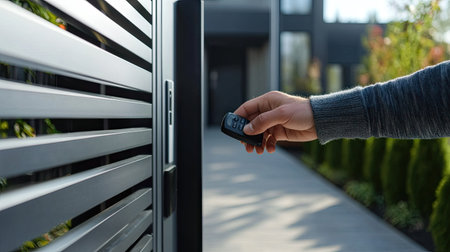 A hand pressing a remote control button while an iron automatic gate opens in a modern residential drivewayの素材