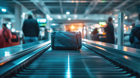 View of a conveyor belt carrying luggage into the x-ray machine with a blurred background of passengers waitingの素材