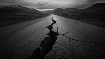 A long and dramatic crack cutting across an old asphalt road, with mountains visible on the horizonの素材