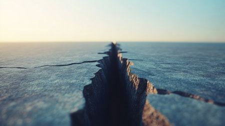 A huge crack in the asphalt road caused by an earthquake, with a split running deep into the groundの素材