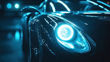 A futuristic electric car's headlights powering up, glowing in a soft blue hue against a dark backgroundの素材