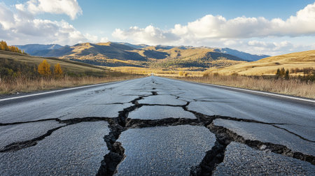 A long stretch of road with multiple cracks spreading across the asphalt, framed by distant hillsの素材