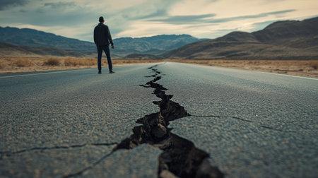 A person standing beside a large crack on a remote asphalt road, highlighting the scale of the damageの素材