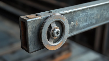 A small gate wheel mounted on a sturdy bracket, rolling along a smooth metallic trackの素材