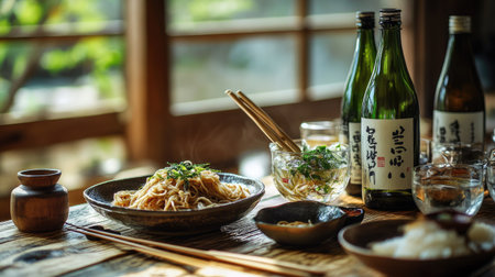A traditional Korean setup with soju, rice wine, japchae glass noodles, and wooden chopsticksの素材