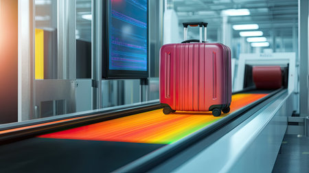 A side view of an x-ray machine as luggage enters the scanner, with a colorful monitor display in the foregroundの素材