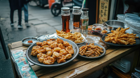 A street-side vendor table with a plate of Korean spicy rice cakes, fried tempura, and chilled sojuの素材