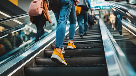 A side profile of an escalator with detailed focus on the steps and moving handrailsの素材