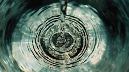 A top-down view of water being poured into a glass, with concentric ripples forming in the liquidの素材
