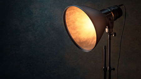 A sleek, modern flash lamp with a softbox diffuser glowing softly.の素材