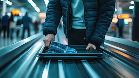 A traveler emptying their pockets into a tray before placing it onto the x-ray conveyor belt in a brightly lit airportの素材