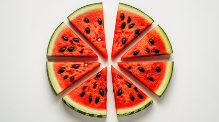 A top view of a perfectly sliced watermelon, with each slice neatly separated, isolated on whiteの素材